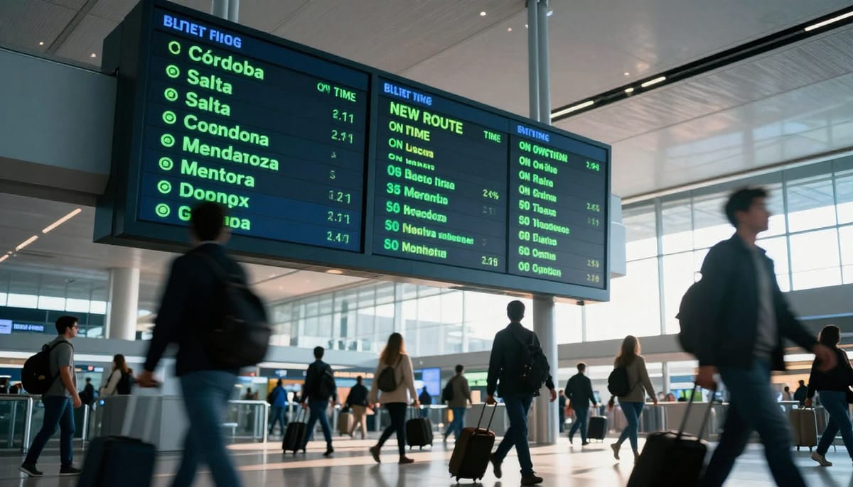 A dynamic shot of a busy departure board at an Argentine airport, displaying 'Córdoba', 'Salta', 'Mendoza' with status 'ON TIME' og 'NEW ROUTE' glowing in green LEDs. The perspective is from below, looking up, giving a sense of growth and optimism. In the blurred foreground, silhouette of travelers with luggage moving quickly, conveying economic activity and freedom of movement.