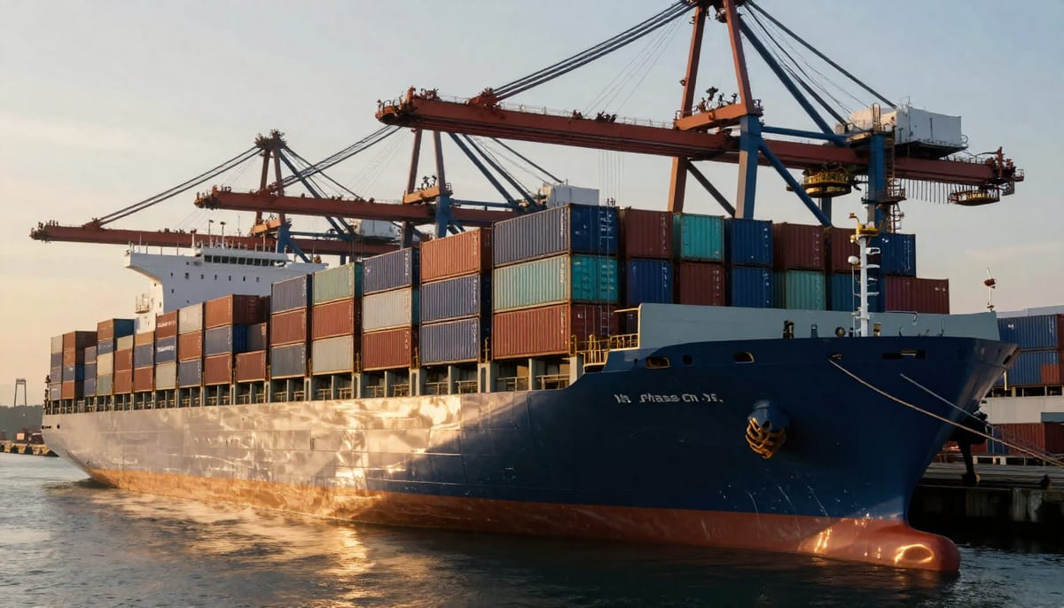 Detailed close-up of a large container ship being loaded at a busy port terminal. The focus is on the scale of global trade; massive steel containers in varying colors (red, blue, green) are being hoisted by gantry cranes. The atmosphere is industrial and gritty, emphasizing the reality of physical goods moving across borders, contrasting with the abstract nature of political agreements. No text, purely visual representation of logistics.