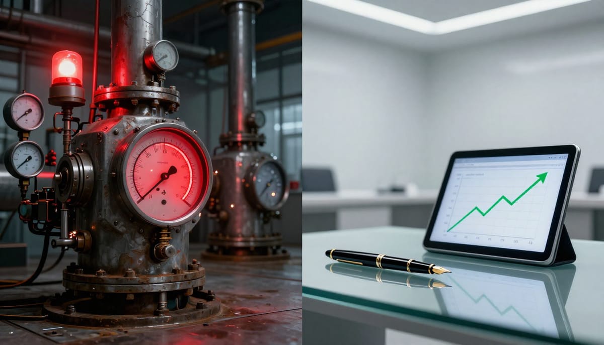 A split composition illustration. On the left side: a close-up of a chaotic control panel with red warning lights and gauges hitting zero or critical levels, labeled with energy symbols. On the right side: a polished, serene office desk with a meaningless graph showing 'green growth' pointing upwards, completely disconnected from the chaos on the left. High contrast, editorial style, emphasizing the disconnect between bureaucracy and reality.