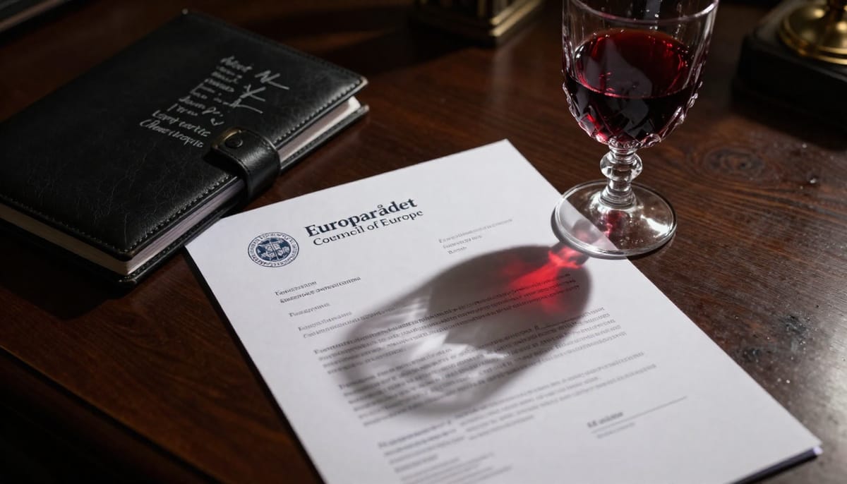 Close up photo of scattered documents on a desk, sharp focus on a paper with the official Council of Europe letterhead, next to a black flight manifest logbook where vague names are listed. A glass of expensive red wine sits on the corner of the desk, casting a red shadow over the papers. Dramatic lighting, noir style.