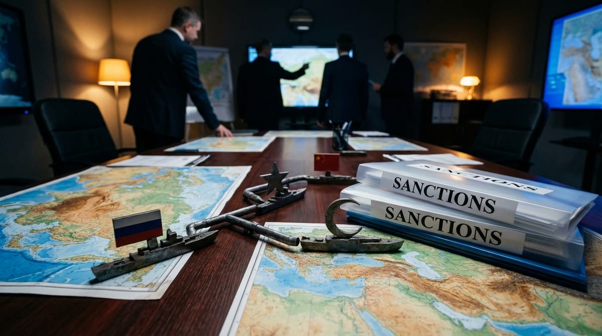 A conceptual image of 'Desktop Politics' vs 'Real Politics'. On one side of a split composition, a dusty, bureaucratic desk with stacks of paper stamped 'SANCTIONS' and 'RESOLUTIONS' in a sterile European office. On the other side, a gritty, realistic map of the Middle East and Arctic with military assets (ships, jets) physically placed like game pieces, connecting lines between Iran, Russia, and China. High contrast lighting.