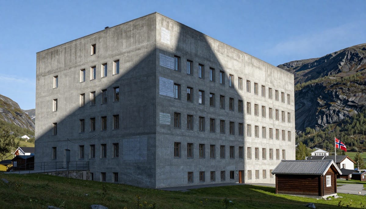 Symbolic editorial illustration representing 'bureaucratic oppression'. A massive, grey, concrete building resembling the EU commission headquarters casting a long, dark shadow over a small, vibrant Norwegian landscape with a traditional cabin and a flag. The shadow contains faint outlines of paperwork and chains. Cold color palette, sharp focus, realistic style.