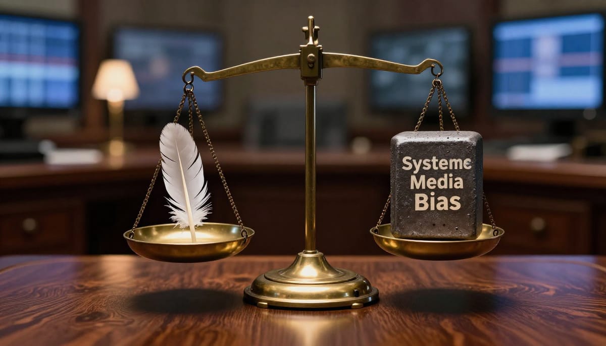 Symbolic representation of media double standards. An old-fashioned weighing scale. On one side, a small feather represents 'Democratic Rhetoric' but it weighs down the scale heavily. On the other side, a large lead weight representing 'Republican Rhetoric' is floating up in the air, ignored. The background is a muted newsroom blur.