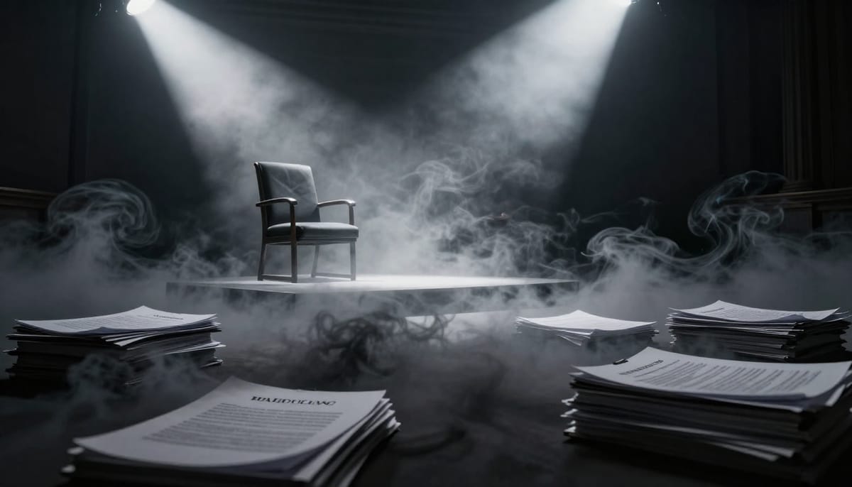 Conceptual illustration of distraction tactics. A large, chaotic cloud of black smoke labeled 'SCANDAL' being pushed aside by a bright, blinding spotlight labeled 'ACCUSATION'. In the shadows of the smoke, vague outlines of fraudulent financial documents are visible, while the spotlight illuminates an empty chair. Minimalist, noir style.