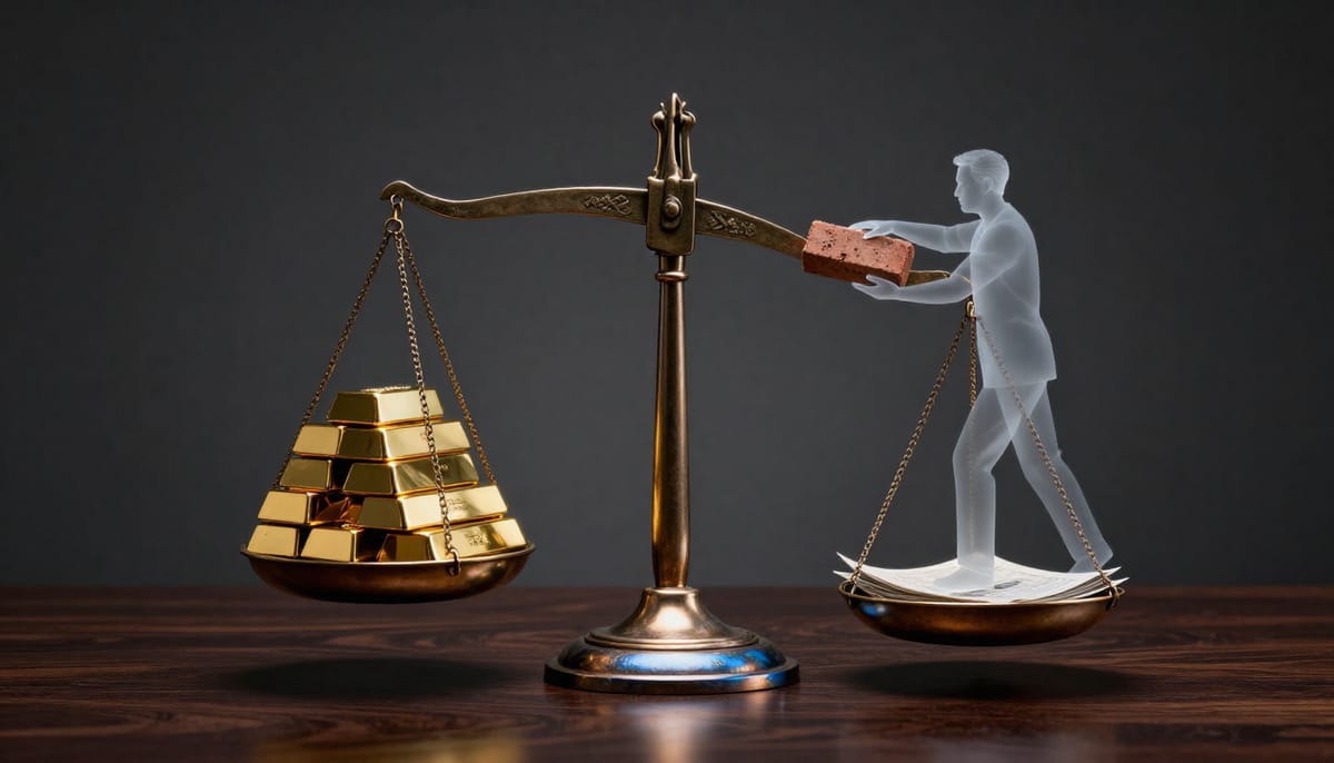 Conceptual visualization of a broken scale. On one side, a small stack of gold bars labeled 'State Benefits' is weighing down heavily. On the other side, floating in the air, is a transparent, ghostly figure of a father trying to place a brick on the scale but failing. Dark background, sharp metallic textures, realistic render style, symbolizing the imbalance of incentives.