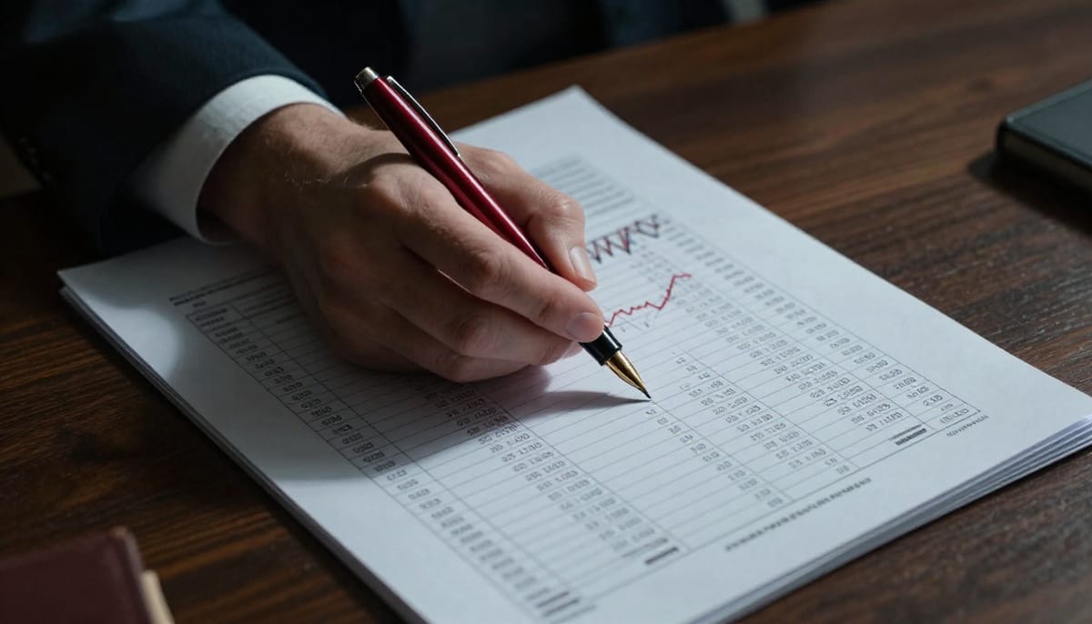 Close-up of a bureaucrat's hand holding a red pen, hovering over a complex statistical document or spreadsheet. The document is filled with numbers and graphs. The lighting is dim, office-like, casting a shadow that obscures parts of the paper, symbolizing censorship or manipulation of data. Realistic, gritty texture.