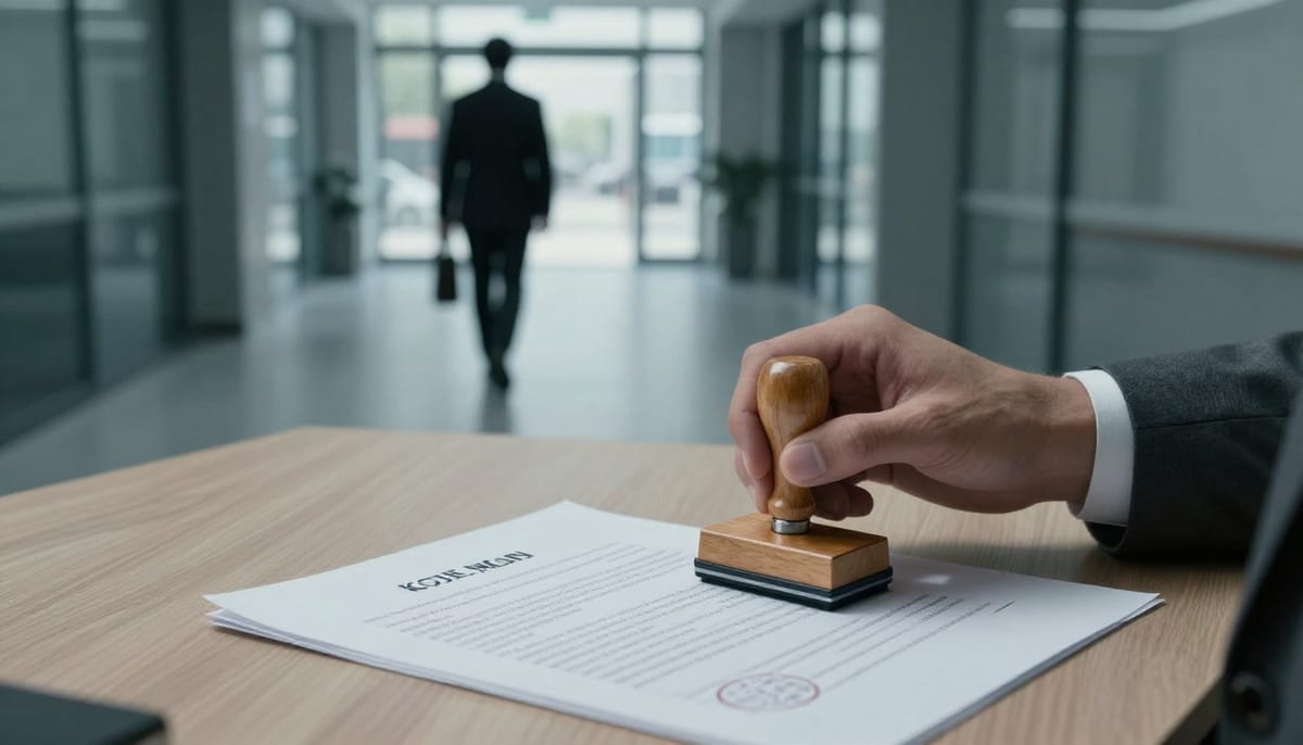 Close-up detail shot of a hand in a suit holding a rubber stamp hovering over a document. The document is blurred but clearly official. The lighting is sterile and cold, typical of a government office. In the background, out of focus, a shadowy figure walks away freely. Symbolizes bureaucratic decisions releasing criminals. Desaturated color palette, blue and grey tones.