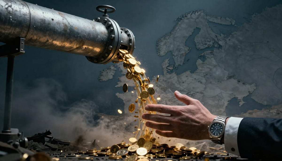 Symbolic editorial illustration of 'The Aid Industry'. A massive, ornate pipeline originating from a map of Norway, pumping gold coins that turn into dust and ash as they land in a chaotic, shadowy landscape representing foreign corruption. In the foreground, hands in cuffs and expensive watches are catching some of the falling gold before it hits the ground. Dark, moody atmosphere, highly detailed textures.