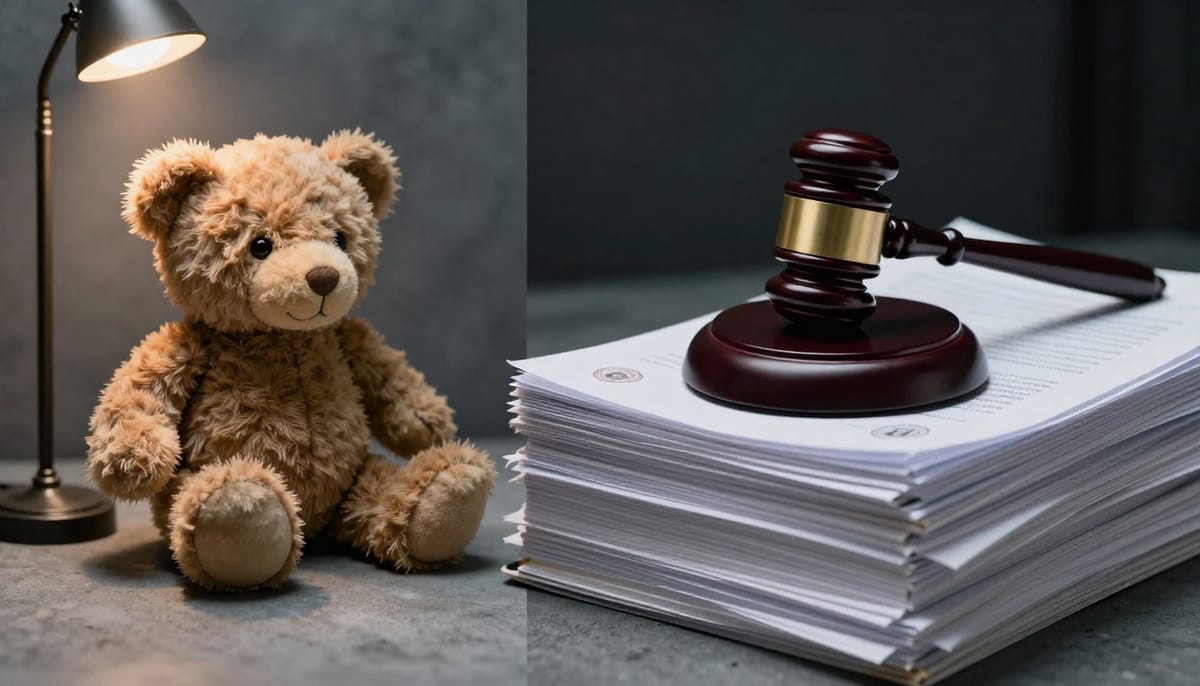 A close-up, split-composition image. On the left side, a stylized, warm-colored teddy bear sitting on a cold, metallic surface. On the right side, a gavel resting on a thick stack of legal documents. The image represents the tension between the 'best interest of the child' narrative and the hard reality of legal statutes. The style is realistic but with high contrast.