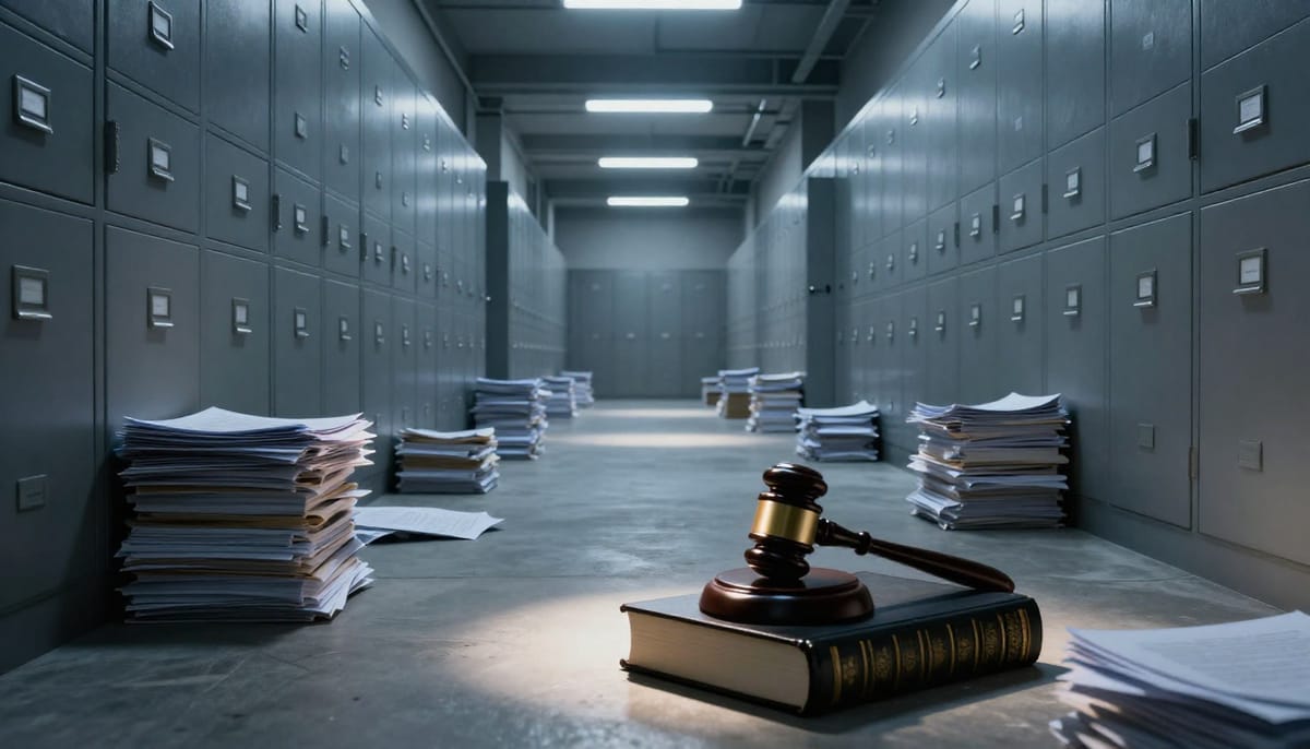 An editorial illustration of a 'bureaucratic maze'. A seemingly endless corridor of filing cabinets and stacks of paper, with a clock on the wall melting or distorted (Dalí-style) to symbolize the excessive time taken in administrative processes. The atmosphere is sterile, gray, and oppressive, reflecting the critique of 'skrivebordspolitikk' and slow state machinery.