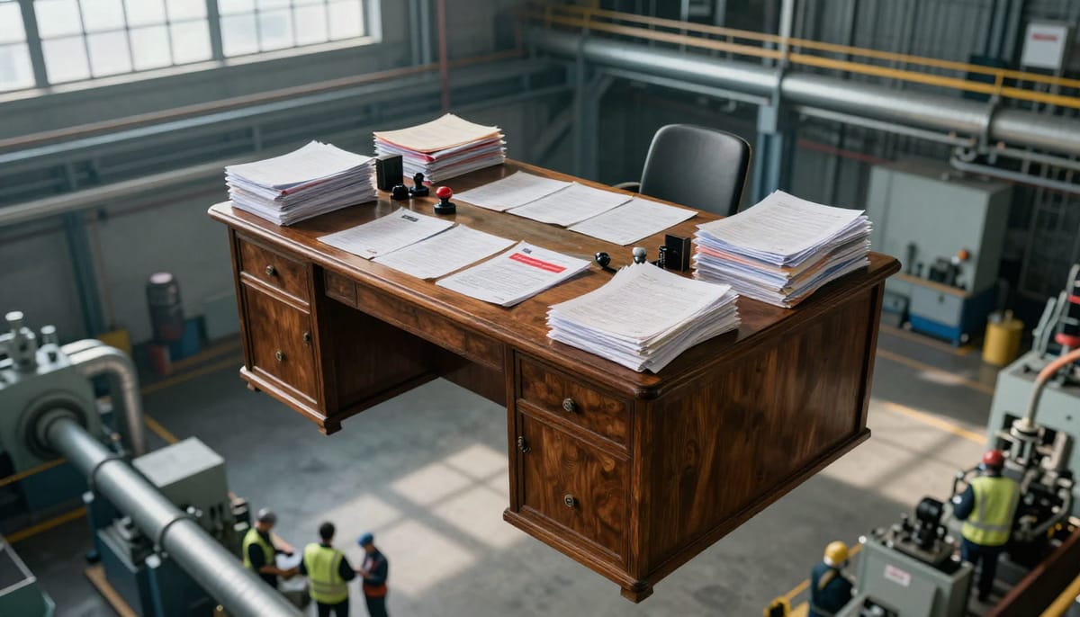 Editorial illustration depicting 'Desk Politics' vs Reality. A vintage office desk piled high with papers, red tape, and stamps, floating aimlessly in the air, disconnected from the ground below where modern industry and machinery are operating. Symbolizes the disconnect between bureaucrats and value creation. High contrast, slightly gritty texture.