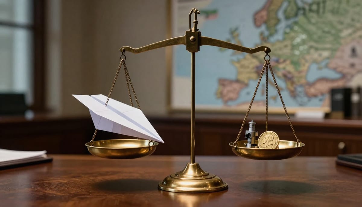Symbolic representation of economic weight. A classic brass scale. On one heavily weighed-down side, a drop of oil or a gold coin representing value creation. On the other light, floating side, a feather or a balloon representing 'political promises'. The background is a subtle map of Norway. Realistic lighting.