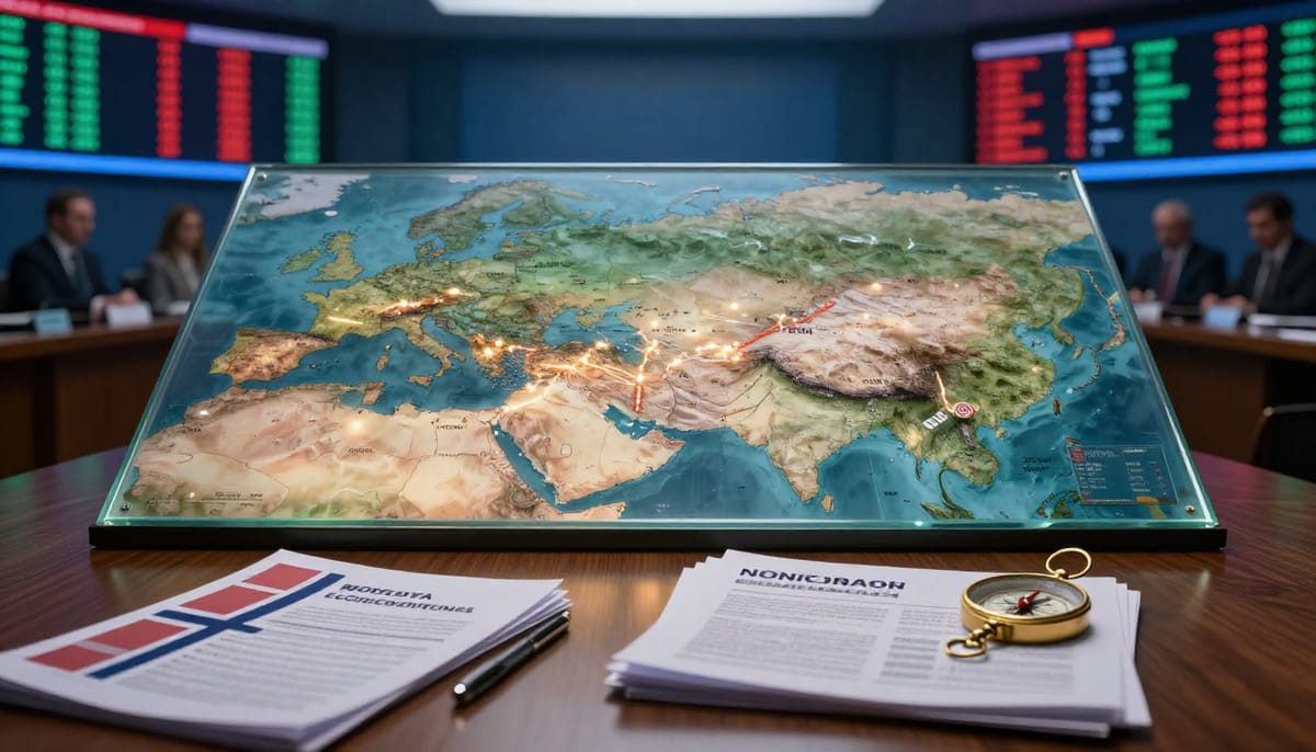 Close-up photorealistic representation of an exploding oil barrel chart. Oil spilling out forms the shape of an inflation line graph going upwards sharply. In the foreground, a Norwegian Krone coin is seen cracking under pressure. The background shows blurred stock market tickers in red. Symbolizes economic impact on Norway.