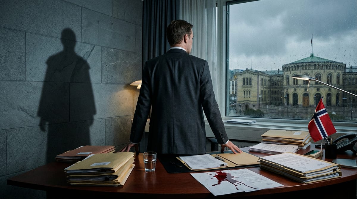 Symbolic representation of a political dilemma. A generic male figure in a suit standing on a podium, looking conflicted. Behind him, a massive shadow of a religious cleric or authoritarian figure looms over the parliament building. The figure is caught between a flag representing bureaucratic order and a chaotic banner of freedom. Muted colors with a splash of red.