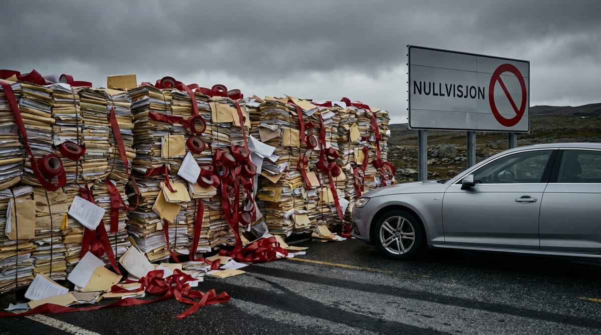 A close-up concept art of a 'bureaucratic wall' placed in the middle of a road. The wall is made of stacks of paper, red tape, and regulations, blocking a normal car from passing. A highway sign in the background says 'Nullvisjon' with a prohibitory symbol. Moody lighting, cinematic.