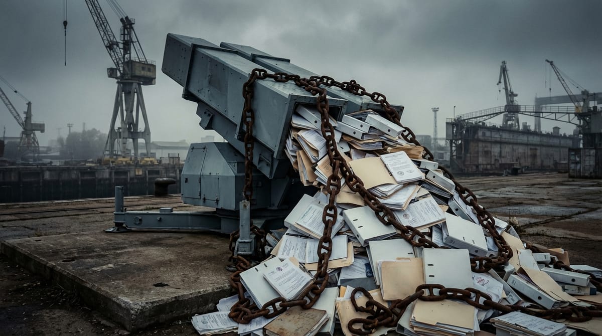 An illustrated concept of 'The Bureucratic Wall'. A modern military missile is being held back by chains made of paper documents stamped with 'ESG', 'REGULATION', and 'EU DIRECTIVE'. The background is a blurry industrial setting. The style is gritty political art, muted colors with touches of red warning lights.