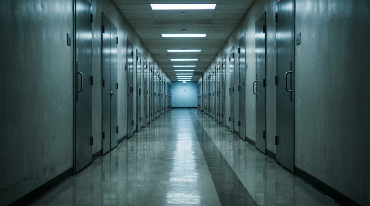 An empty, sterile government hallway with endless rows of closed doors. The perspective is symmetrical and intimidating. Cold fluorescent lighting, polished linoleum floors reflecting the sterility. No people, symbolizing the 'silence' and lack of human response from the state. Minimalist, slightly dystopian aesthetic.