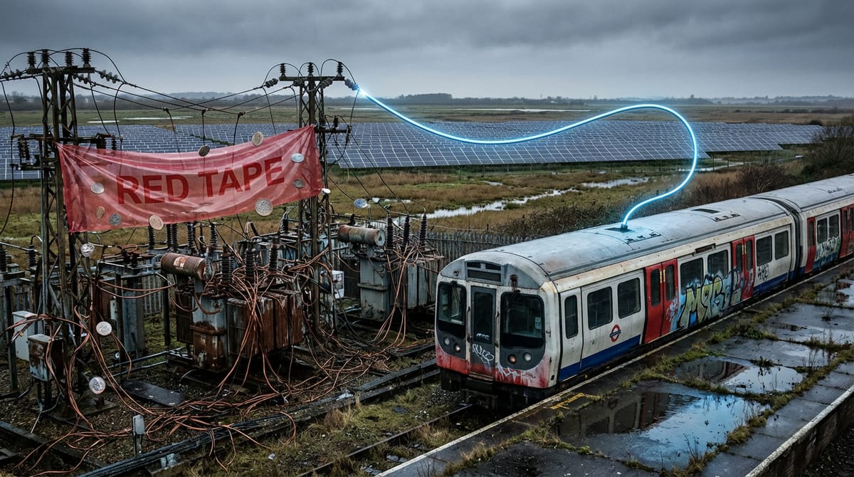 Conceptual diagram showing a 'private wire' bypassing a tangled, chaotic knot of electrical cables representing the public grid and bureaucracy. A clean line connects a solar farm directly to a subway train, avoiding the mess of red tape and coin stacks labeled as fees in the center. Isometric style, clean vector art.