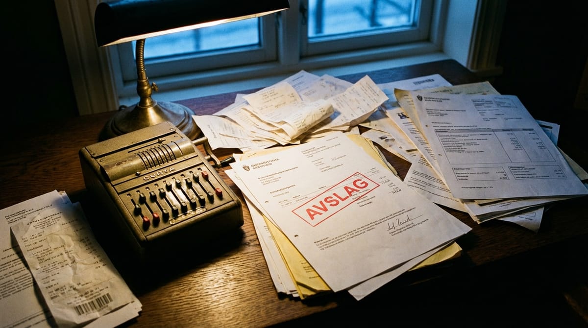Close-up of a calculator and a messy pile of Norwegian tax forms and receipts on a wooden desk. A red stamp marks the paper, partially visible text says 'AVSLAG' (rejected) or high figures. The lighting is dim, suggesting late-night financial stress. Realistic style.