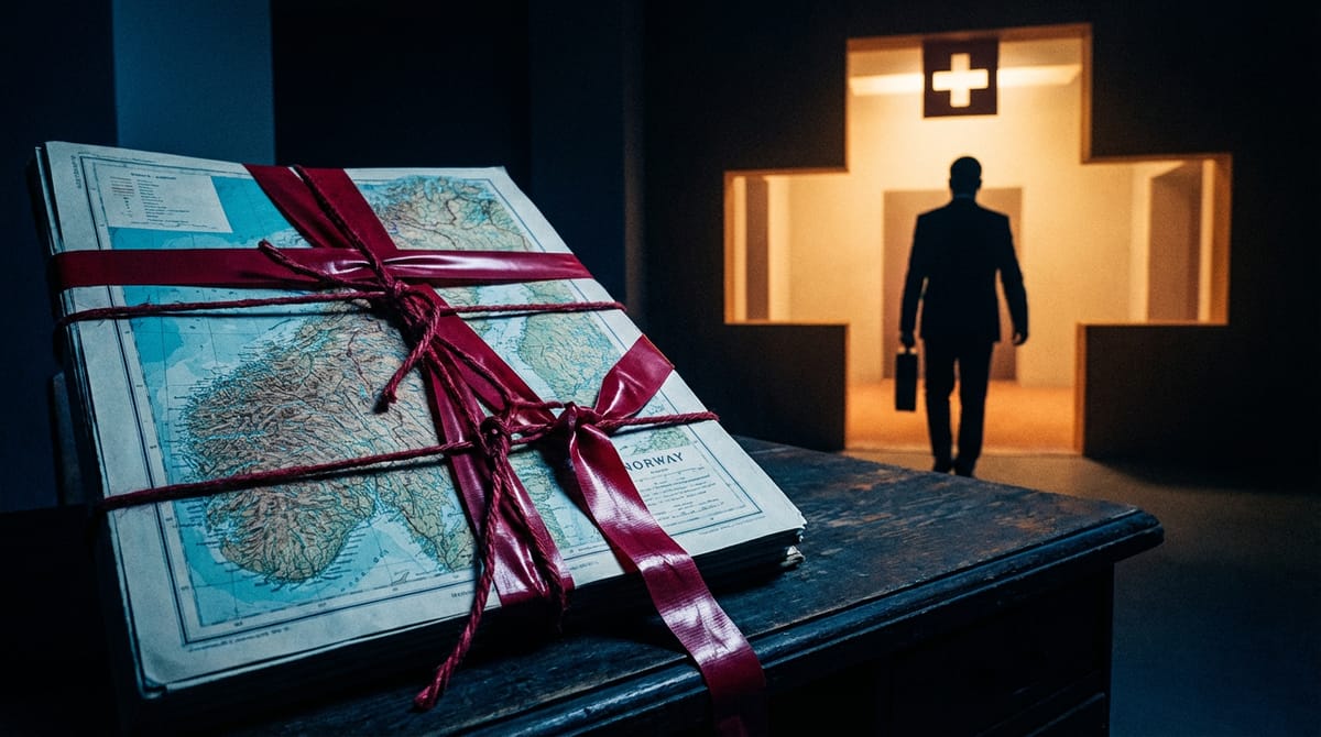 A symbolic representation of capital flight. A silhouette of a business person walking away from a map of Norway towards a distant, lighted door resembling a Swiss flag cross shape. The Norway map is dark and tangled in red tape/string. Moody, atmospheric lighting.