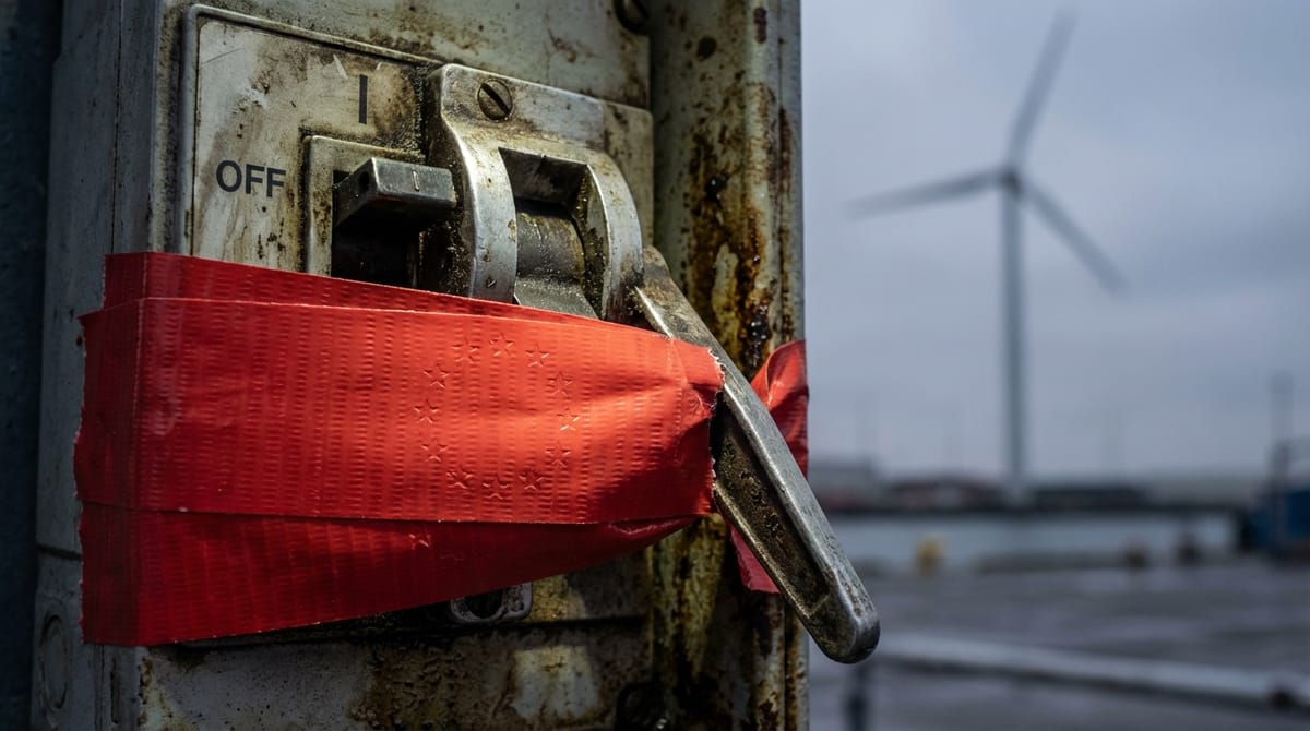 A close-up photographic style image of a power switch being held in the 'OFF' position by red tape. The tape has faint EU stars on it. In the blurred background, wind turbines serve as a backdrop, but the focus is clearly on the restriction and 'red tape' preventing energy flow.