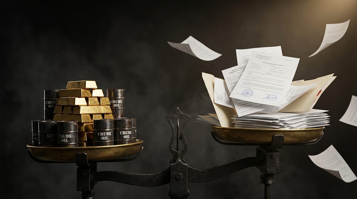 Conceptual illustration. A scale weighing geopolitical power. On one side, a stack of gold bars and oil barrels representing real resources (commodities). On the other side, a stack of paper documents and bureaucratic stamps representing 'soft power' and regulations. The side with the oil and gold is tipping the scale heavily downwards, sending the papers flying into the air. Realistic lighting, deep shadows.