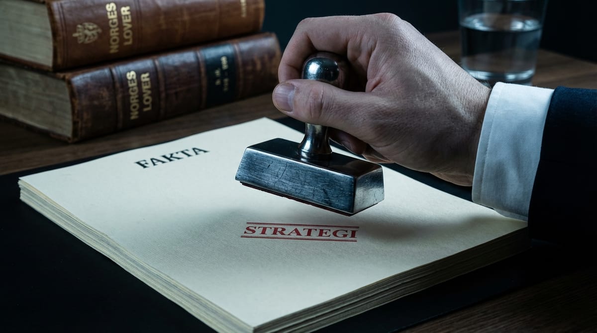 An editorial illustration showing a sophisticated 'rubber stamp' machine on a wooden bureaucrats desk. The stamp is coming down on a document labeled 'FACTS' or 'FAKTA', but the imprint it leaves says 'STRATEGY' or 'STRATEGI' in red ink. The background is blurred shelves of leather-bound law books, symbolizing the institutional weight used to redefine reality. The atmosphere is cynical and cold.