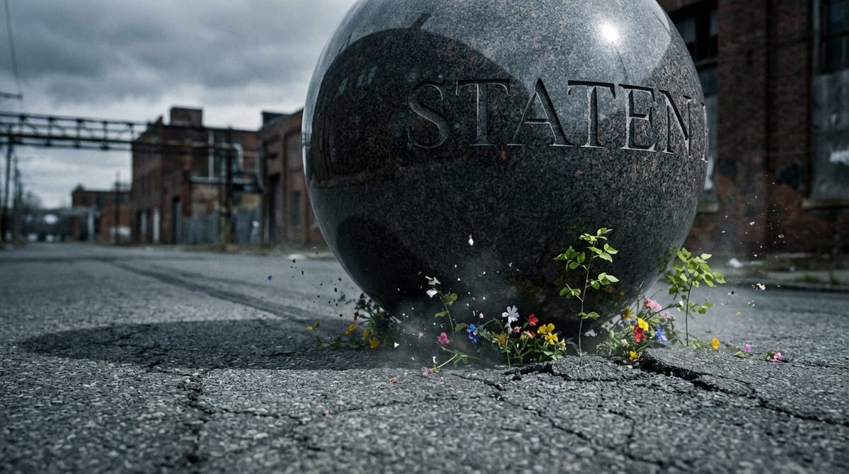 Conceptual illustration of 'Crowding Out'. A large, heavy stone sphere labeled 'Staten' (The State) is rolling centrally down a narrow road, crushing small, colorful flowers and saplings growing in the cracks of the asphalt. The flowers represent small businesses. The perspective is from ground level looking up at the rolling stone. Cold, desaturated color palette with the stone in steel grey.