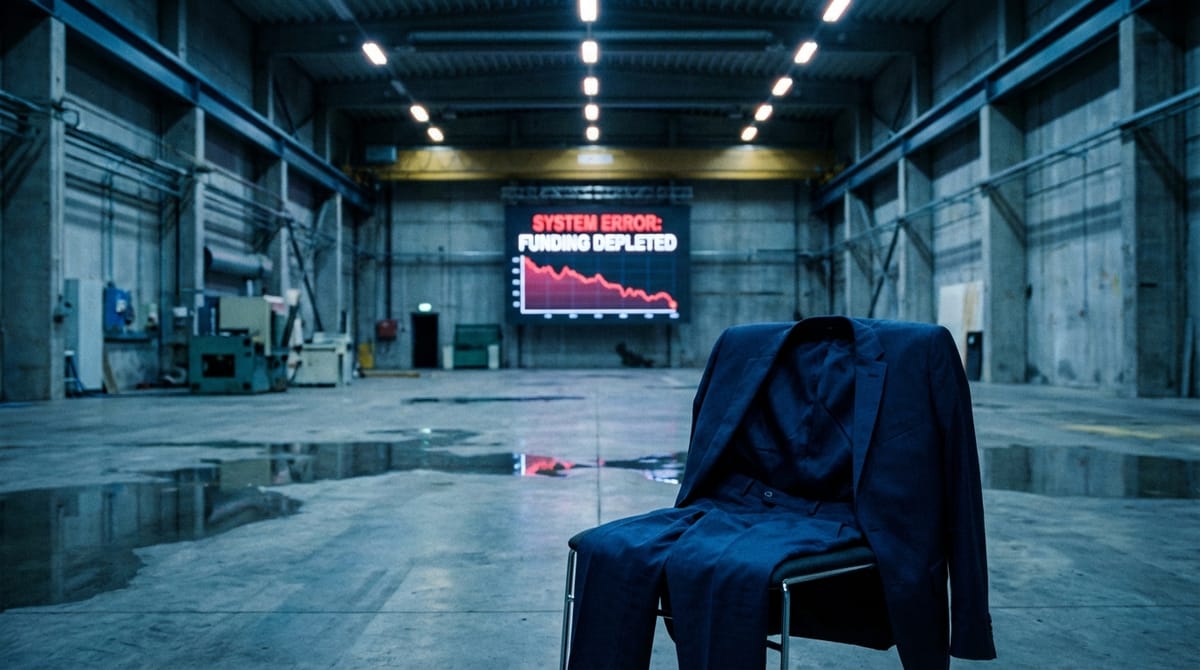 A desolate, modern factory interior, vast and empty, reminding the viewer of failed industrial projects like Freyr. In the foreground, a single business suit sits abandoned on a chair, while a digital screen on the wall displays a 'Error: Funding Depleted' warning. Cold, blue and grey color palette.