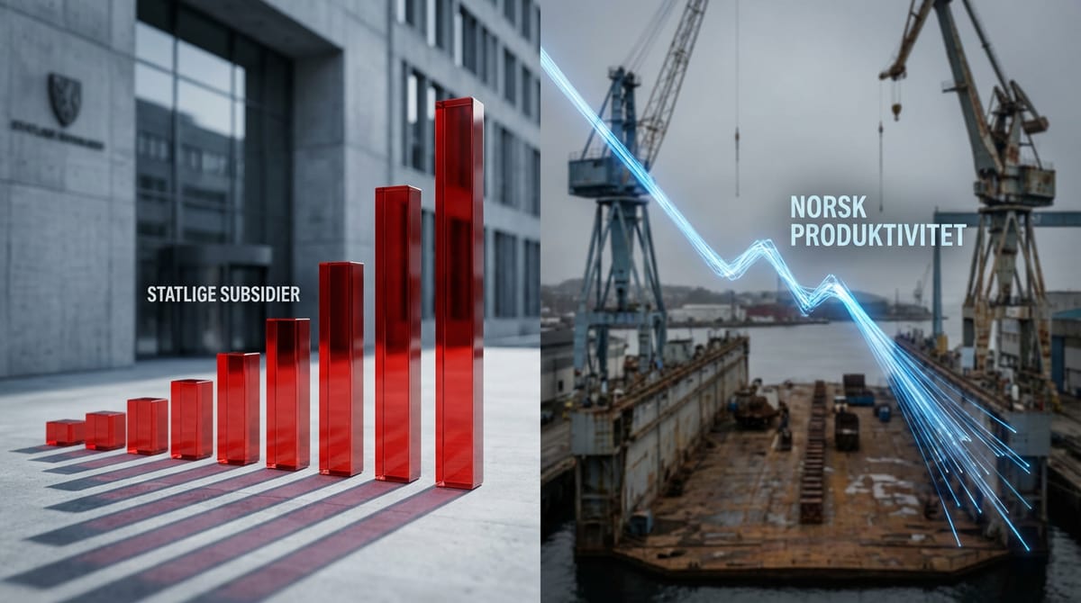 A conceptual split-screen graphic. On the left, a rising bar chart representing 'Statlige Subsidier' (State Subsidies) in increasing red bars. On the right, a falling line graph representing 'Norsk Produktivitet' (Norwegian Productivity) in blue. The background is a blurred image of a Norwegian industrial landscape losing color.