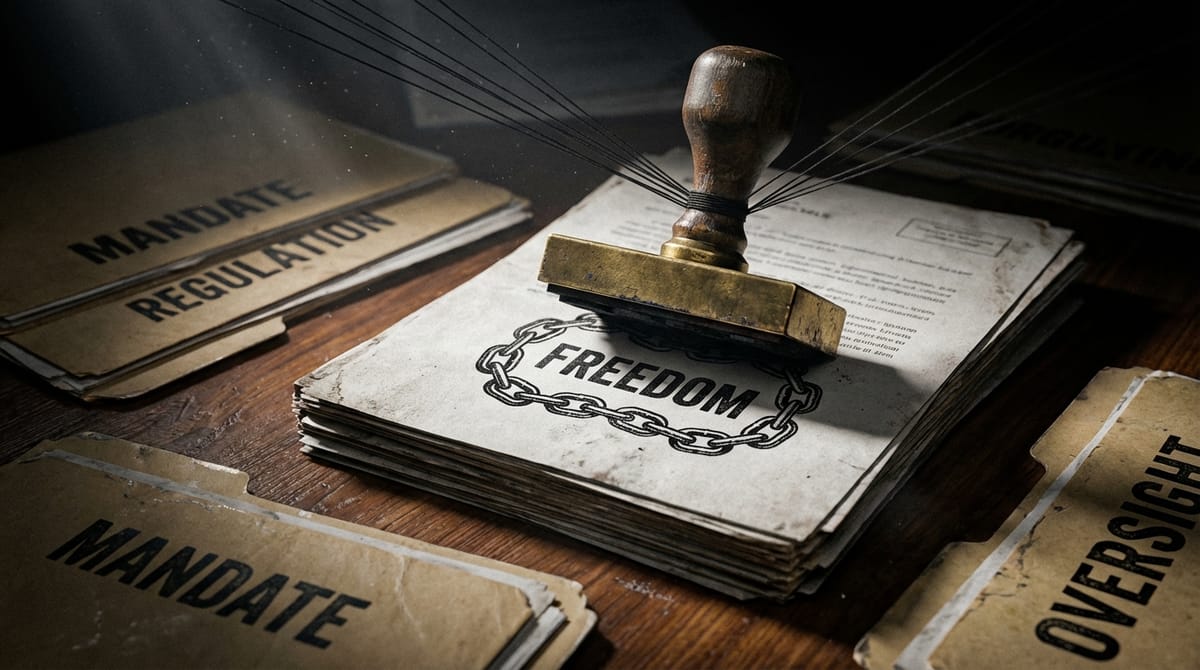 A close-up symbolic illustration of a bureaucratic desk mechanism. A rubber stamp is coming down onto a document. The stamp handle is actually a puppet string held by a shadowy hand from above, and the ink on the paper is forming a chain link pattern instead of words. The desk is cluttered with files labeled 'Regulation', 'Mandate', and 'Oversight'. Artistic style: Gritty, detailed, political cartoon style but with realistic textures.