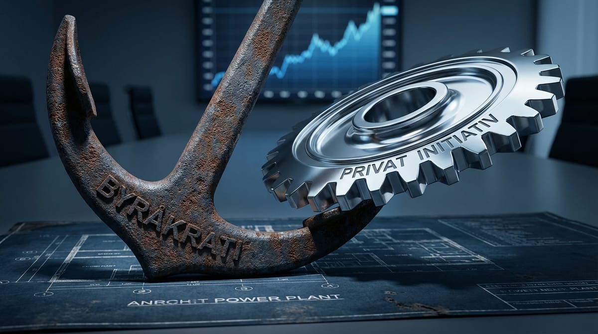 Conceptual editorial illustration showing a heavy, rusty anchor labeled 'Byråkrati' dragging down a graph line, while a clean, modern turbine gear labeled 'Privat Initiativ' tries to lift it. The background uses a dark, subdued color palette reflecting financial news aesthetics. Focus on the tension between weight and progress.