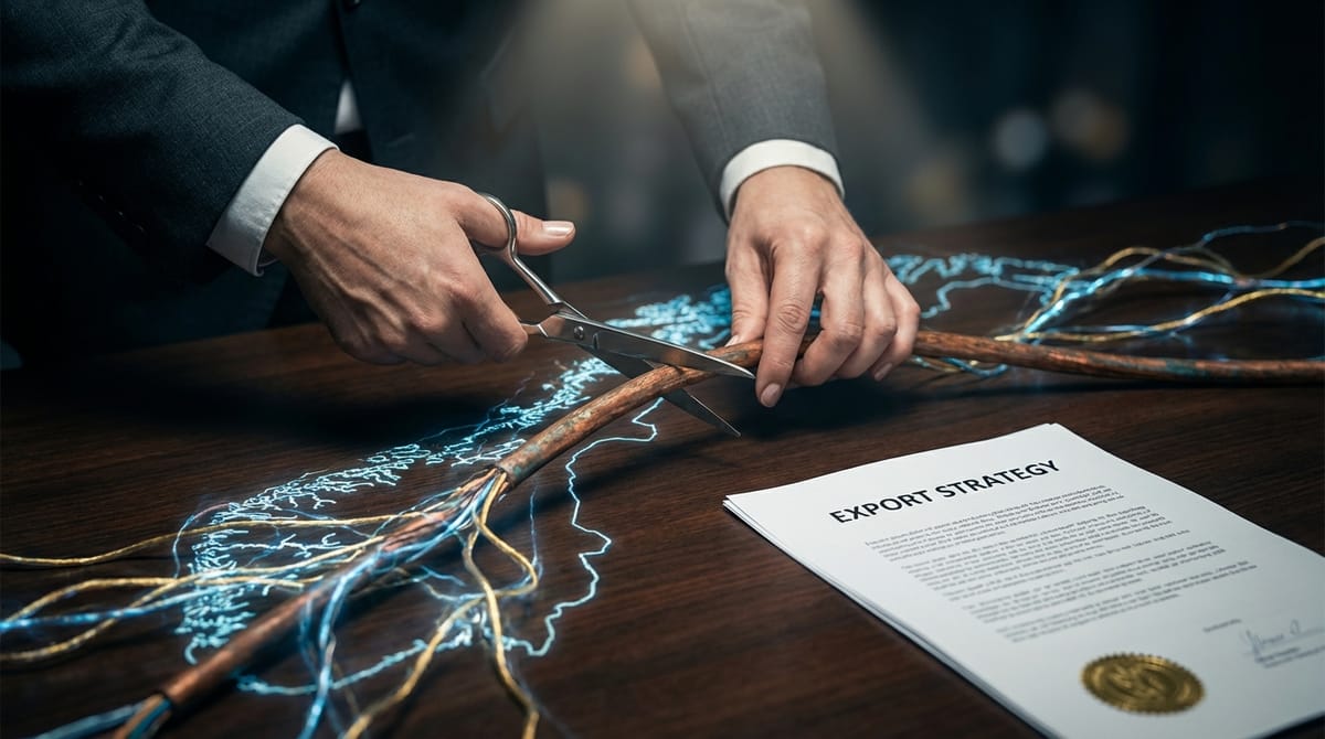 Conceptual editorial illustration. A complex map of electrical cables forming a knot or a trap. A pair of professional hands in a suit (bureaucrat) is cutting a thick cable with scissors labeled 'Budget' or 'Regulations', while holding a document labeled 'Export Plan'. The lighting is dramatic, highlighting the disconnect between decision-makers and the physical infrastructure.