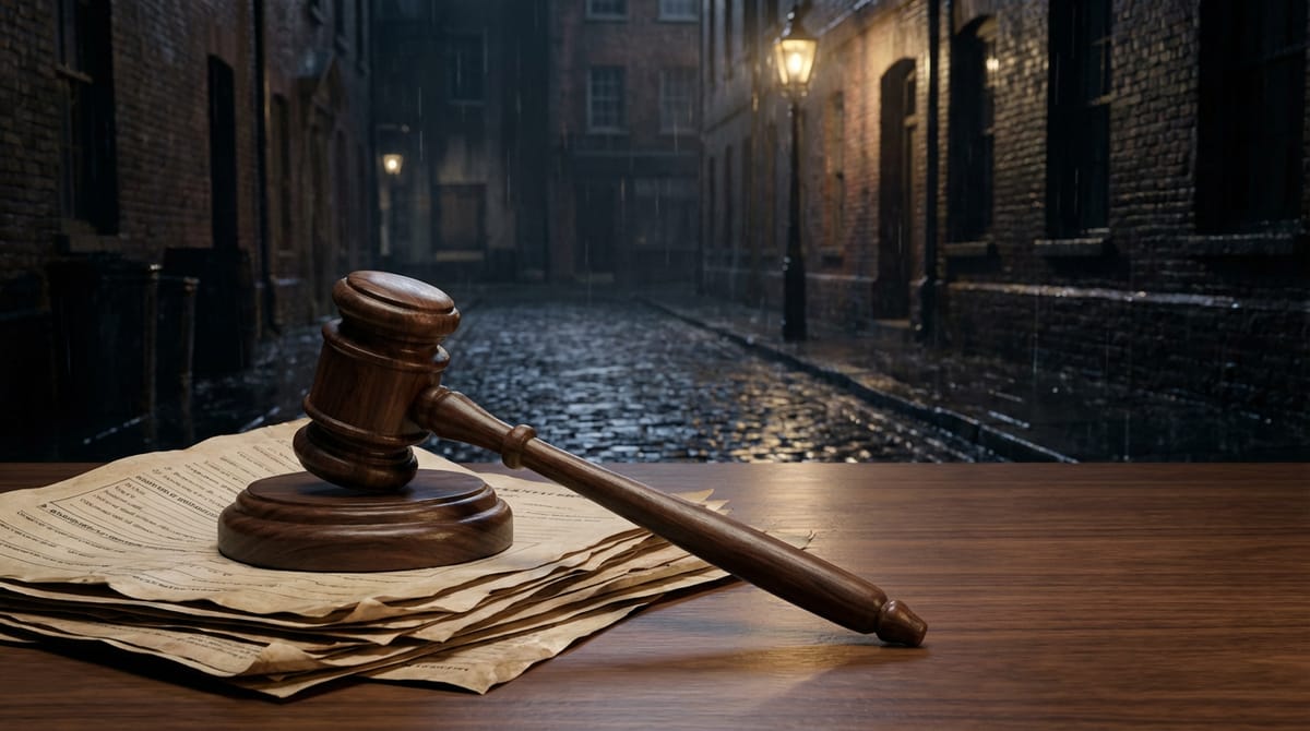 Symbolic image. A conceptual representation of 'desk politics' vs 'reality'. A clean, pristine wooden judge's gavel resting on a stack of disorderly papers, set against a backdrop of a gritty, wet asphalt street. The contrast between the sterile legal theory and the harsh reality of the street. Realistic photography style.