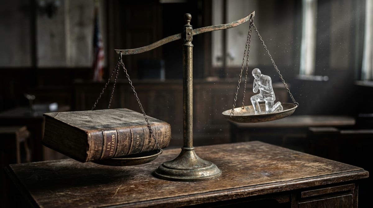 A close-up of broken scales of justice. One side of the scale is weighed down heavily by a thick law book, while the other side, holding a small figure representing a 'citizen', is launched into the air. Symbolic of theoretical law outweighing actual human safety. Moody lighting, metallic textures.