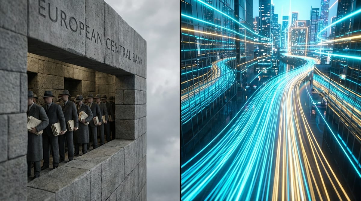 A split-screen visual composition comparing two financial worlds. On the left side (representing ECB/Europe), a grey, heavy, bureaucratic stone maze with a slow-moving queue of people in suits holding paperwork. On the right side (representing UAE/Ripple innovation), a bright, futuristic, open fiber-optic cityscape with high-speed streaks of light representing instant transactions and digital freedom. The contrast emphasizes stagnation vs. innovation.