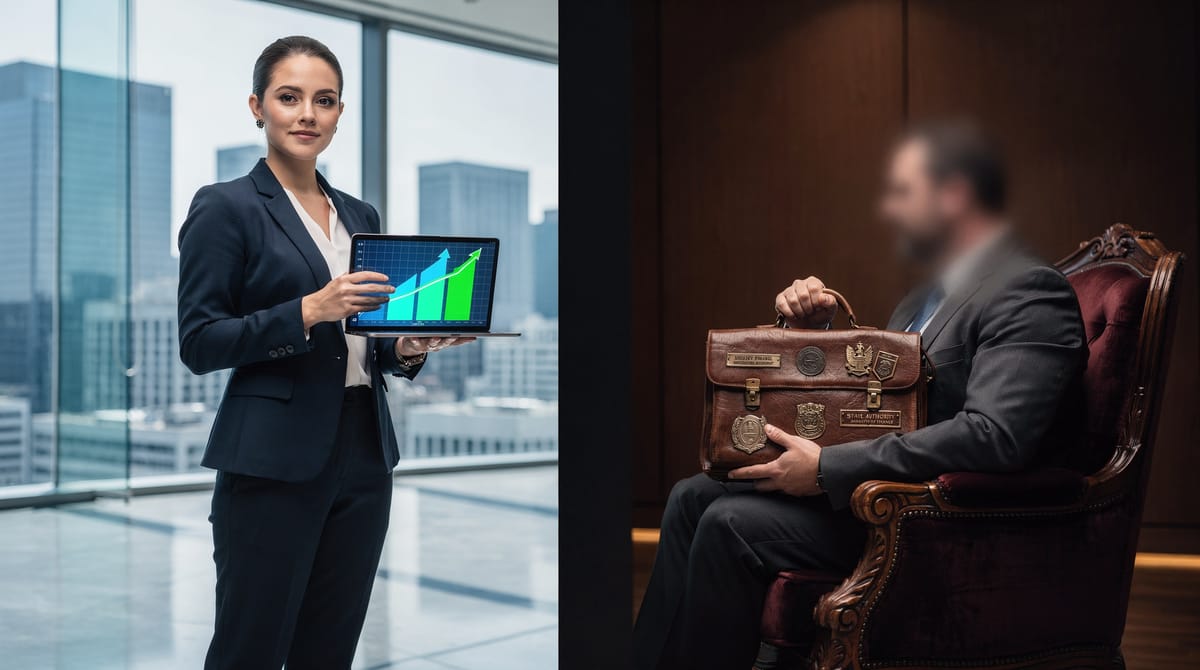 An editorial illustration comparing two figures. On one side, a 'Bureaucrat/Aid Lord' figure sitting in a lounge chair holding a bag of money labeled 'Taxpayer Funds' with a blurred Abu Dhabi background. On the other side, a young female entrepreneur holding a tablet and a graph showing 'Earned Revenue', looking towards a horizon. The visual style should emphasize the hypocrisy of who gets criticized.