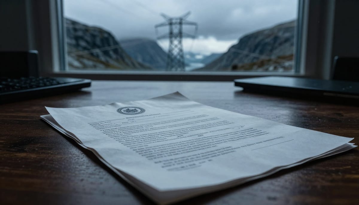 A visual metaphor for 'hidden tax'. A Norwegian average citizen looking at a power bill that is physically transforming into a vacuum cleaner sucking coins directly out of their wallet into a large, grey government building in the background. The style should be serious and slightly cynical, not cartoony.