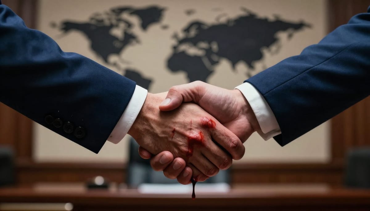A handshake between a business suit sleeve and a dark, shadowy hand that is dripping with a red substance resembling blood or ink. The background is a blurred map of the world. Symbolizes legitimacy given to corrupt regimes through formal diplomacy. Realistic, gritty texture.
