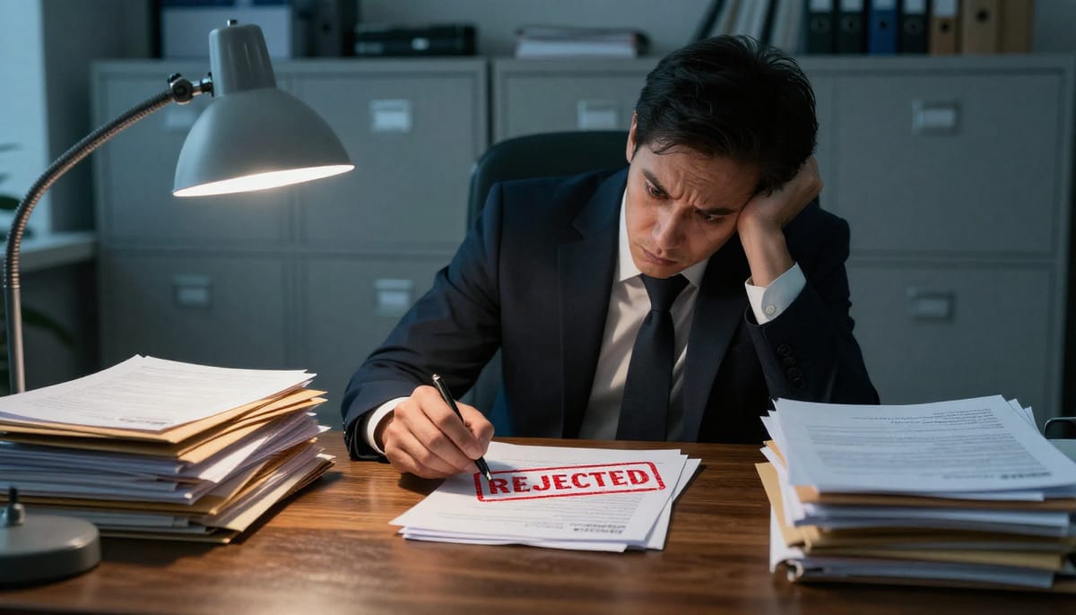 Close-up shot of a chaotic office desk overflowing with stacks of paperwork, official government envelopes, and red stamps. The lighting is dim, casting long shadows, symbolizing the exhaustion of dealing with bureaucracy. In the background, a blurred figure of a bureaucrat in a suit turning their back. Moody, cinematic editorial style.