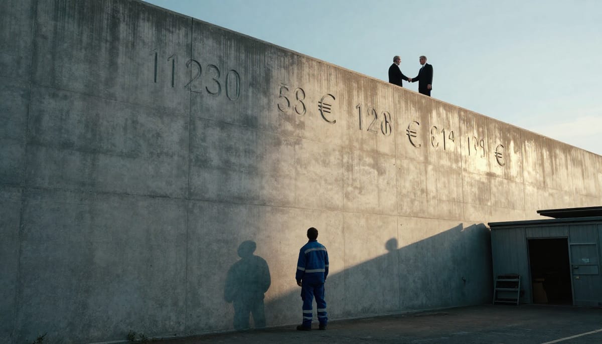 A conceptual visualization of a 'price wall'. On one side, a silhouette of a struggling factory family owner looking up at a towering wall made of Euro-symbol bricks. On top of the wall, distant silhouette figures in suits are shaking hands. The lighting is cold, casting long shadows over the worker, symbolizing the disconnect between Brussels and the factory floor.