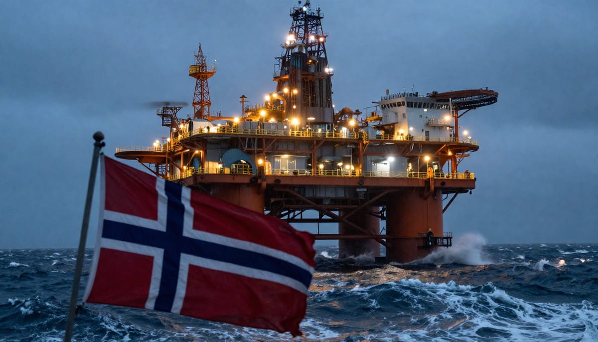 Cinematic photography style. An offshore oil rig in the tumultuous North Sea during twilight. The rig is illuminated with warm, defiant lights against cold, blue, crashing waves. In the foreground, a Norwegian flag is whipping in the wind, sharp and in focus, symbolizing national sovereignty amidst a storm. Strong visual contrast between the warm industrial machinery and the cold, chaotic ocean.
