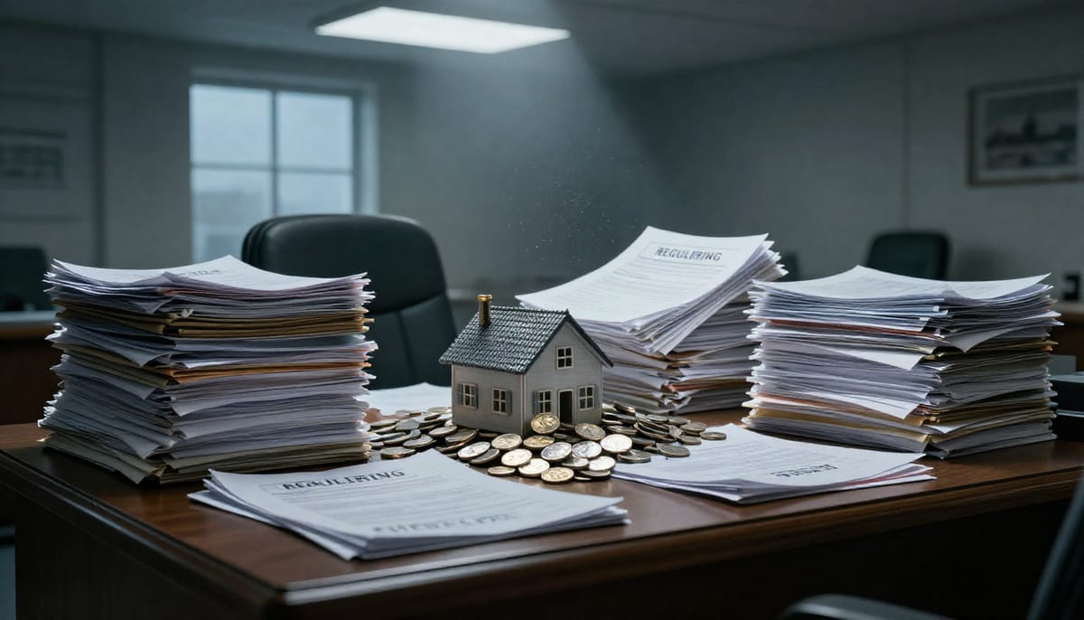 Editorial illustration of 'Skrivebordspolitikk'. A heavy, antique wooden desk in a dim bureaucratic office. On the desk, a massive stack of documents stamped with 'REGULERING' and 'AVGIFT' is physically crushing a small, fragile house made of Norwegian krone coins. Dust motes dance in the air, symbolizing stagnation.