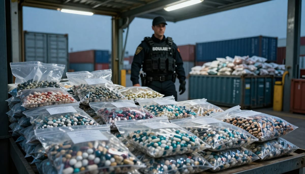Close-up macro shot of evidence bags containing colorful fentanyl pills on a steel table, sharp focus on the texture of the pills. In the background, out of focus, a law enforcement officer with a badge crossing arms. Lighting is stark and clinical, symbolizing enforcement and seizure.