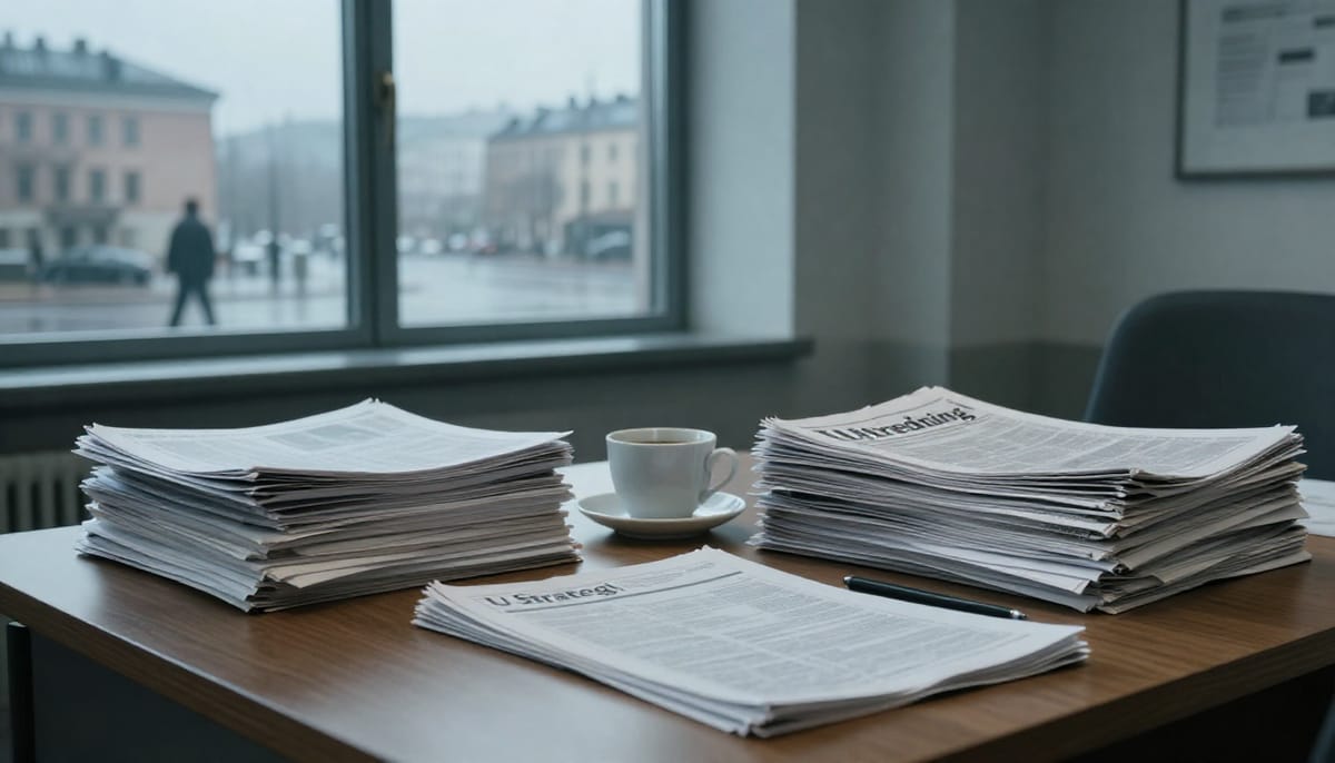 A bureaucratic office setting in Norway, low angle shot. piles of paperwork and reports titled 'Utredning' and 'Strategi' stacking up on a desk. Through the window in the background, a blurred view of a grey, rainy Oslo street. The image conveys stagnation and disconnect between bureaucracy and reality. Desaturated colors.