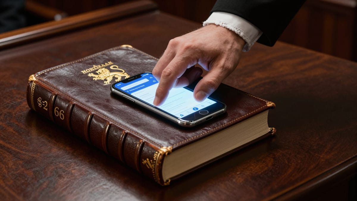 A symbolic representation of the Norwegian legal paragraph § 266. A heavy, leather-bound law book with the Norwegian lion emblem is crushing a small, glowing smartphone displaying a Facebook logo. The book is being held down by a hand in a formal judge's robe sleeve. The atmosphere is dark, bureaucratic, and stifling. Focus on the weight of the system pressing down on digital free speech. Close-up, macro photography style, dramatic shadows.