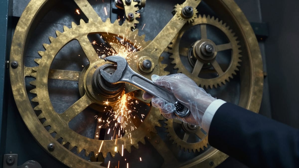 A visual metaphor for 'sabotage within the machine'. An intricate clockwork mechanism representing the state engine, but a wrench (spanner) has been deliberately thrown into the gears by a hand emerging from a suit sleeve. Sparks are flying. The gears are grinding to a halt. The metal looks cold and industrial. Style: Hyper-realistic, dramatic lighting, focus on the metal and friction.