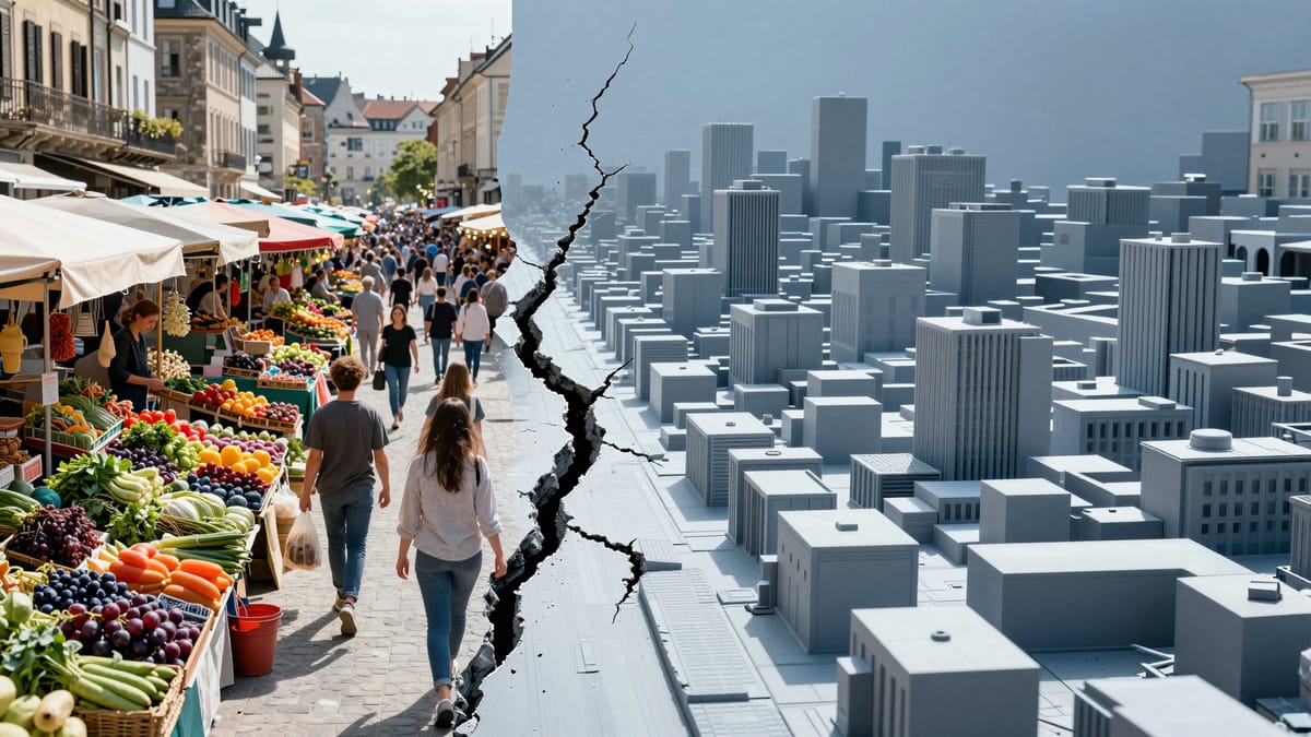 Split composition. Left side: A vibrant, chaotic, colorful street market representing free trade and individual life. Right side: A blue-tinted, monochrome architectural model of a city, representing planned control and 'desk politics'. A distinct crack separates the two worlds.