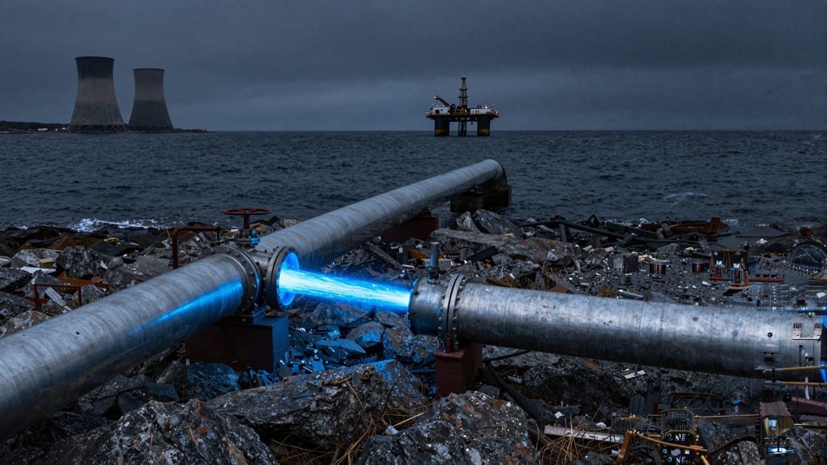 Current editorial illustration comparing energy dependence. On the left, a silhouette of a closed coal plant and a nuclear plant being demolished. On the right, a massive pipeline extending from a map of Norway towards the UK, glowing with blue gas energy, symbolizing flow and dependency.