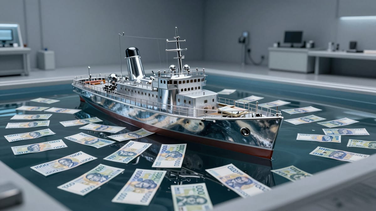 A close-up, slightly satirical illustration of a group of bureaucrats in suits standing around a table, looking at a toy boat model. They are handing over large sacks marked with the Norwegian Krone symbol to the toy boat, while ignoring a large, robust, and functional nuclear power plant model in the background. The lighting is sterile office lighting.